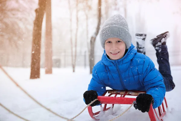 Милий Маленький Хлопчик Насолоджуючись Санчатами Їздить Відкритому Повітрі Зимовий День — стокове фото
