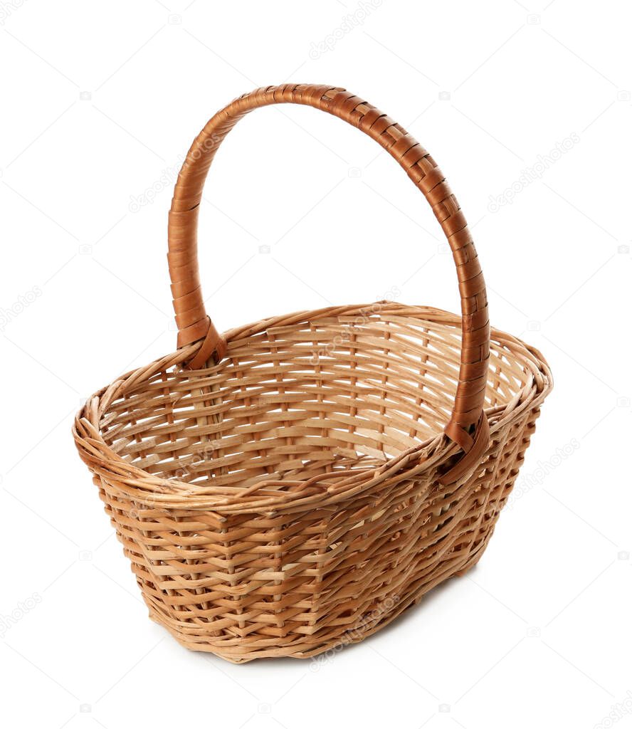 Empty wicker basket isolated on white. Easter item