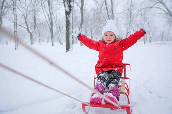 Carino Bambina Godendo Giro Slitta All Aperto Giorno Inverno — Foto Stock