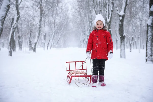 Menina Bonito Com Trenó Livre Dia Inverno Espaço Para Texto — Fotografia de Stock