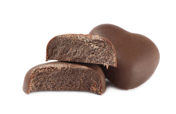 Hermosos Caramelos Chocolate Forma Corazón Sobre Fondo Blanco — Foto de Stock