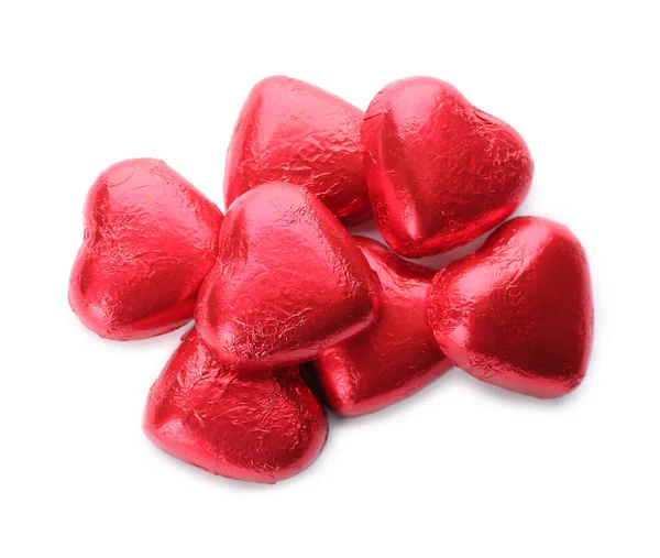 Heart Shaped Chocolate Candies Red Foil White Background Top View — Stock Photo, Image