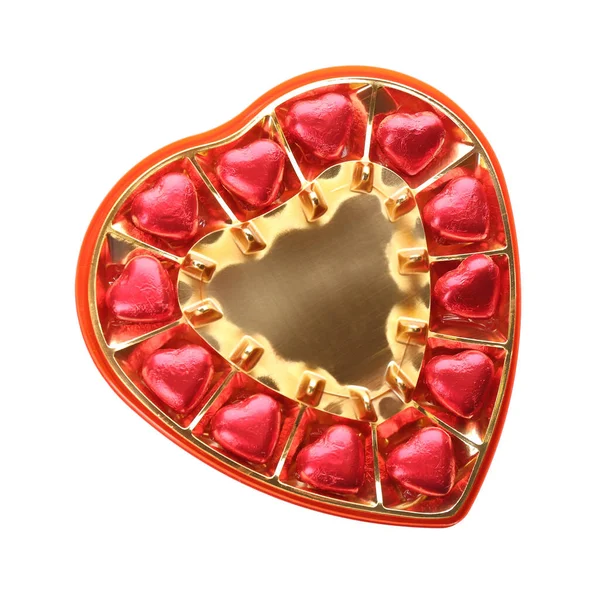 Herzförmige Schokoladenbonbons Schachtel Auf Weißem Hintergrund Ansicht Von Oben — Stockfoto