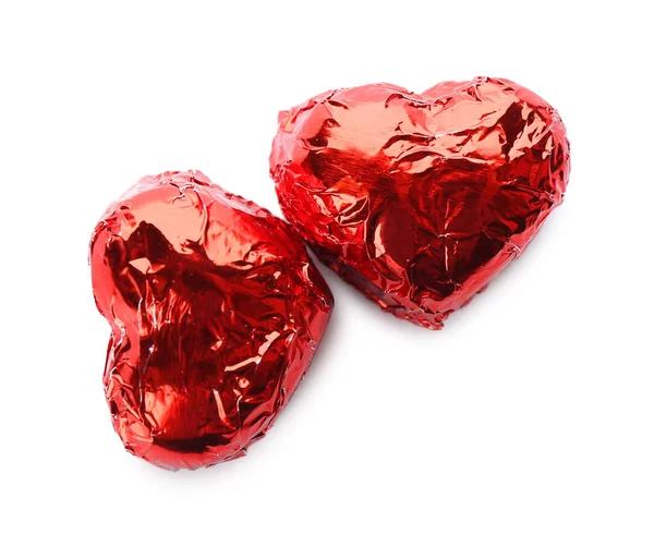 Heart Shaped Chocolate Candies Red Foil White Background Top View Stock Picture