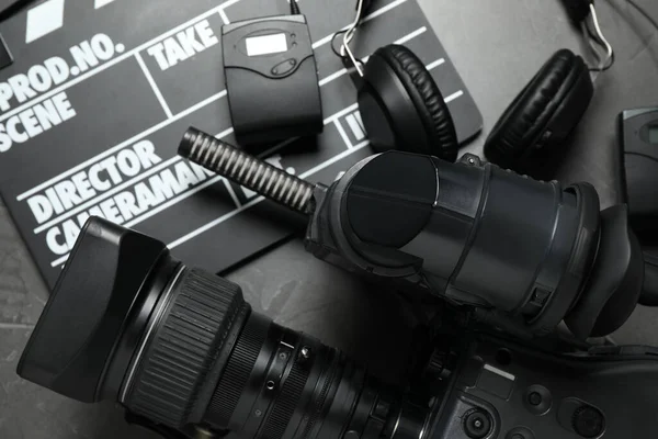 Camera Video Production Equipment Grey Background Top View — Foto Stock