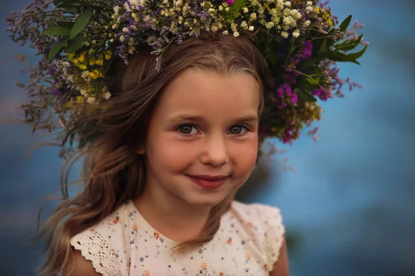 Cute Little Girl Wearing Wreath Made Beautiful Flowers Blurred Background — Stock fotografie