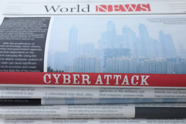 Stacked Newspapers Headline Cyber Attack Background Closeup — Stok fotoğraf