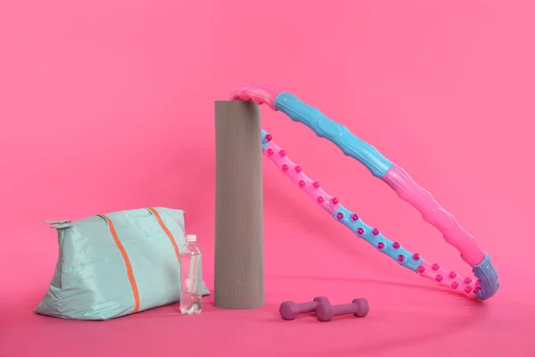 Hula Hoop Gym Bag Bottle Water Dumbbells Yoga Mat Pink — Foto de Stock
