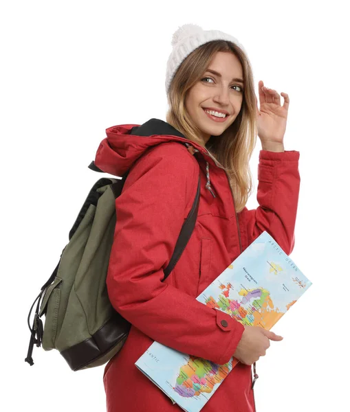 Mulher Com Mapa Mochila Fundo Branco Viagem Inverno — Fotografia de Stock