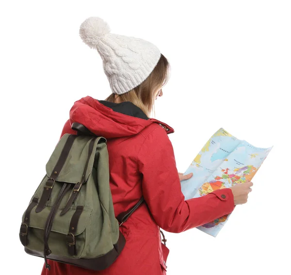Woman Map Backpack White Background Back View Winter Travel — Fotografia de Stock