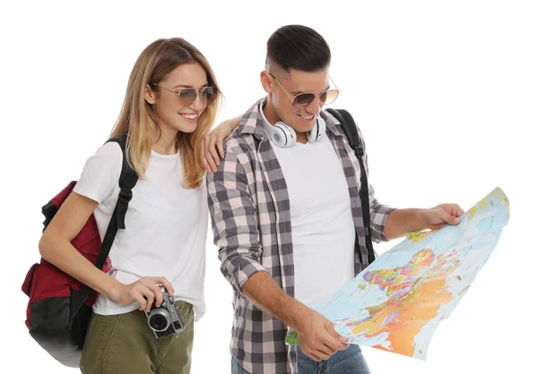 Pareja Con Mapa Sobre Fondo Blanco Viaje Verano — Foto de Stock