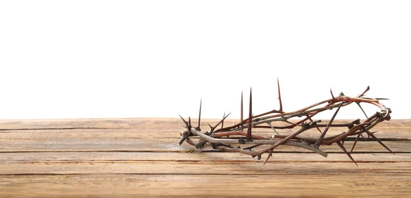 Crown Thorns Wooden Table White Background Space Text Easter Attribute — Stock Photo, Image