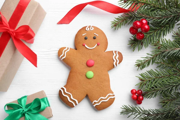Flat Lay Composition Gingerbread Man Christmas Decor White Wooden Table — Stock Photo, Image