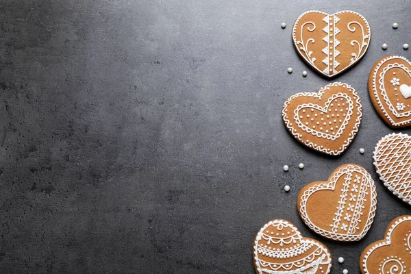 Tasty Heart Shaped Gingerbread Cookies Black Table Flat Lay Space — Stock Photo, Image