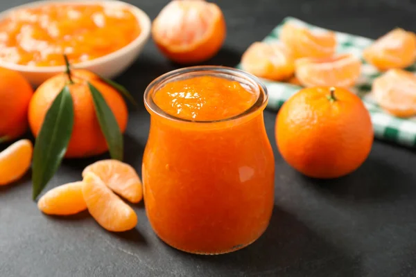 Tasty Tangerine Jam Glass Jar Dark Table — Stock Photo, Image