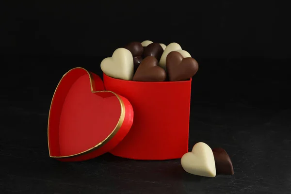 Beautiful Heart Shaped Chocolate Candies Box Black Background — Stock Photo, Image