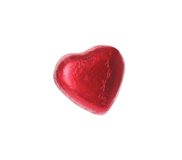 Bonbons Chocolat Forme Coeur Feuille Rouge Isolé Sur Blanc — Photo