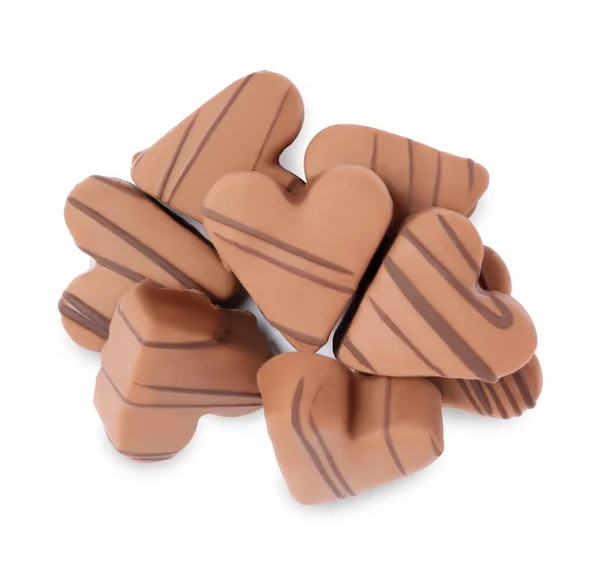 Deliciosos Doces Chocolate Forma Coração Fundo Branco Vista Superior — Fotografia de Stock