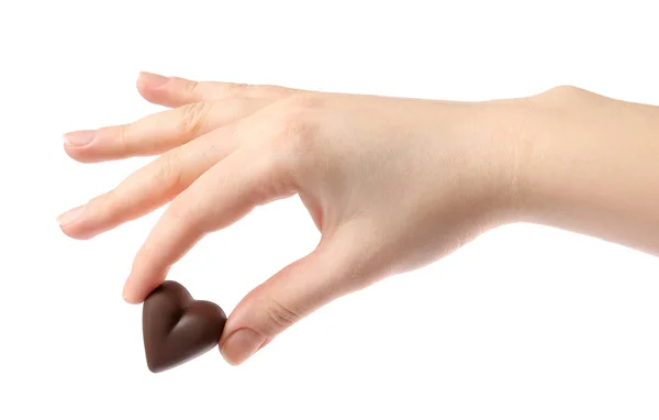 Woman Holding Heart Shaped Chocolate Candy White Background Closeup — Stock Photo, Image