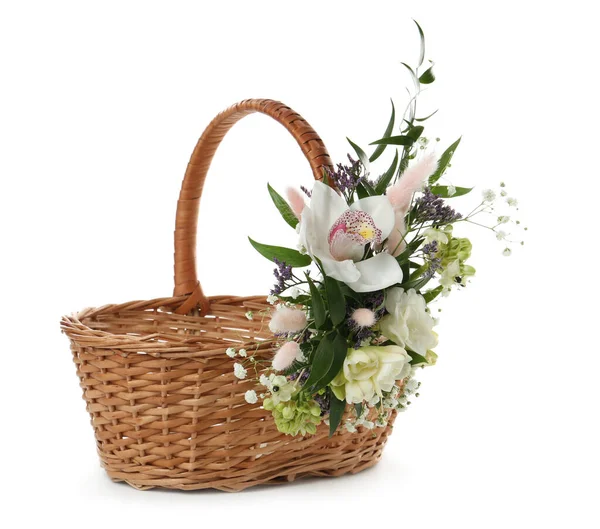 Wicker Basket Decorated Beautiful Flowers White Background Easter Item — Stock Photo, Image