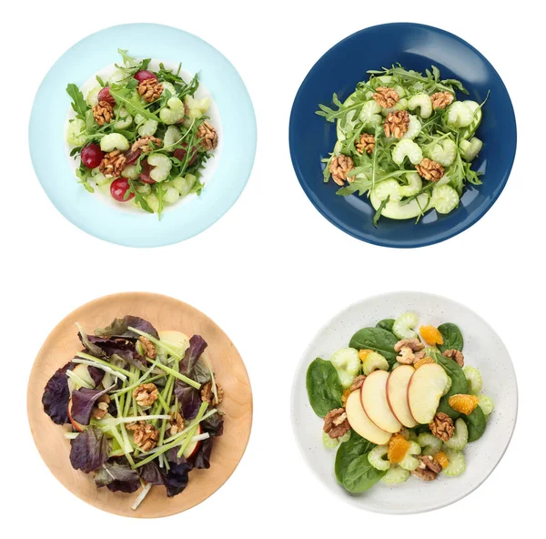 Set Con Diferentes Deliciosas Ensaladas Apio Sobre Fondo Blanco Vista —  Fotos de Stock