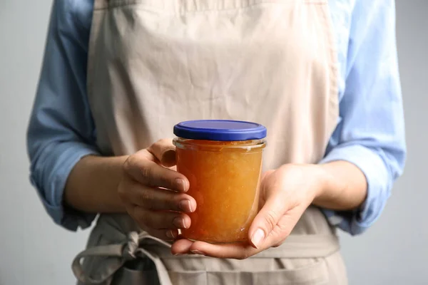 Woman Jar Delicious Pear Jam Closeup — Stock Photo, Image