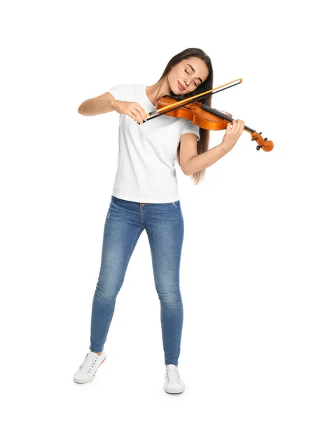 Mulher Bonita Tocando Violino Fundo Branco — Fotografia de Stock