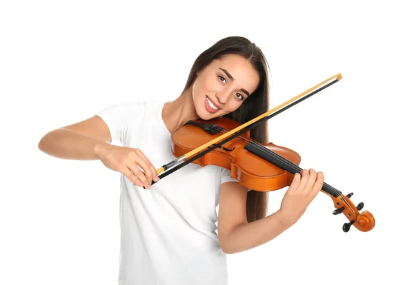 Mulher Bonita Tocando Violino Fundo Branco — Fotografia de Stock