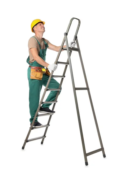 Professional Constructor Climbing Ladder White Background — Stock Photo, Image