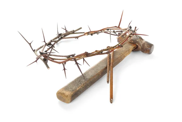 Crown Thorns Nails Hammer White Background Easter Attributes — Stock Photo, Image