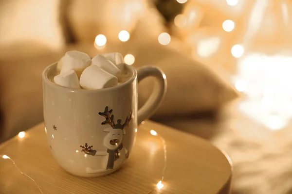 Cup Hot Drink Marshmallows Small Wooden Table Space Text Christmas — Stock Photo, Image