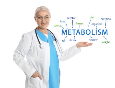 Metabolizma konsepti. Olgun doktor beyaz arkaplan üzerinde sunum şeması