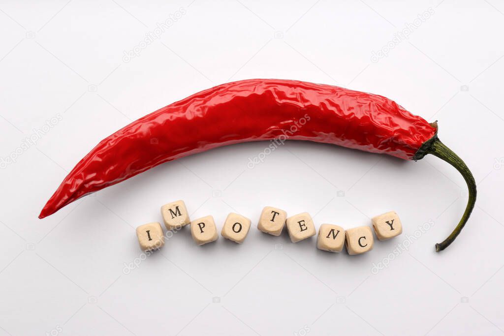 Chili pepper and cubes with word Impotency on white background, flat lay
