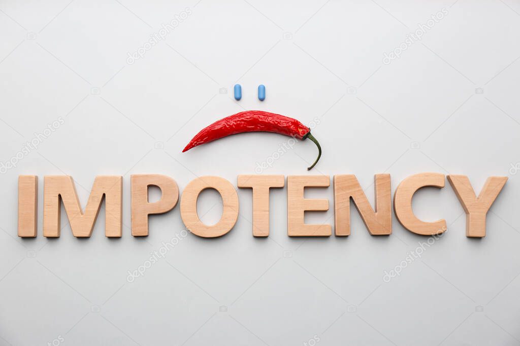 chili pepper, pills and word Impotency on light grey background, flat lay