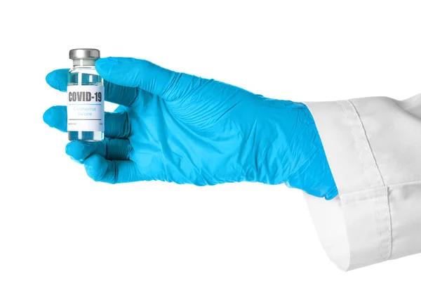 Doctor Holding Injekciós Üveg Elleni Vakcina Covid Fehér Alapon Közelkép — Stock Fotó