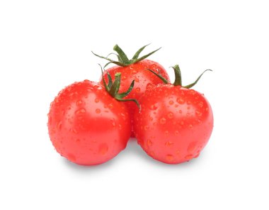 Taze taze vişneli domatesler beyazlar üzerinde izole edilmiş.