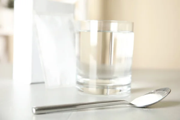 Sachet Médicaments Verre Eau Cuillère Sur Table Lumineuse — Photo