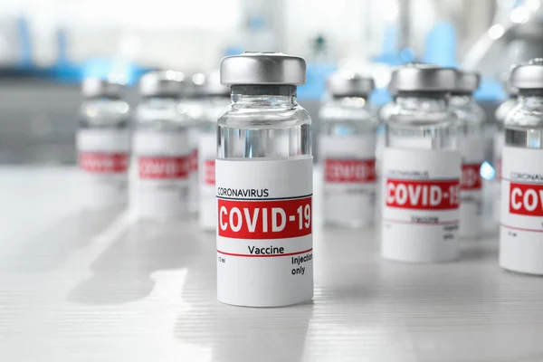 Glass Vials Covid Vaccine White Wooden Table — Stock Photo, Image