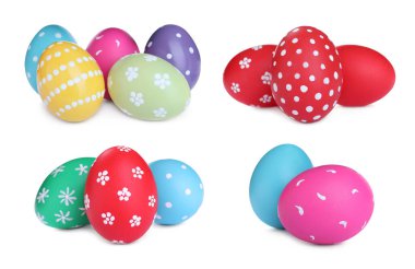 Beyaz arka planda renkli Paskalya yumurtaları ile ayarlandı 