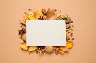 Sonbahar yapraklı düz kompozisyon ve bej arkaplan üzerinde boş kart, metin için boşluk