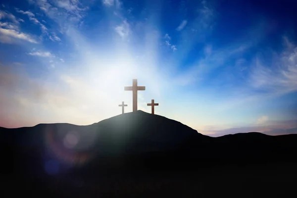 Christian Croses Στο Λόφο Εξωτερικούς Χώρους Κατά Την Ανατολή Ανάσταση — Φωτογραφία Αρχείου