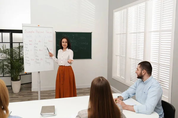 English teacher giving lesson on simple present tense near whiteboard in classroom