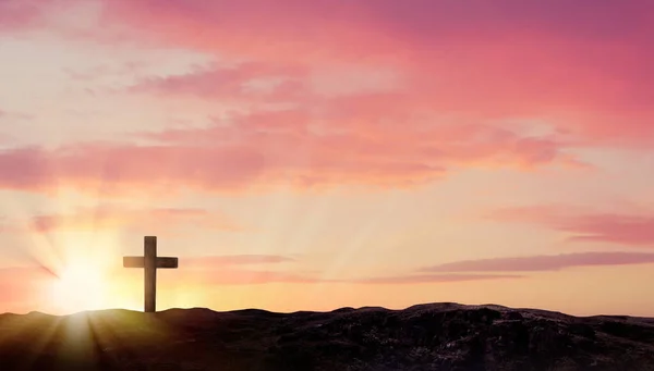 Christian Cross Hill Outdoors Sunrise Resurrection Jesus — Stock Photo, Image