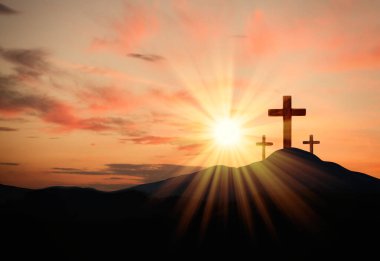 Christian crosses on hill outdoors at sunset.  Crucifixion Of Jesus clipart