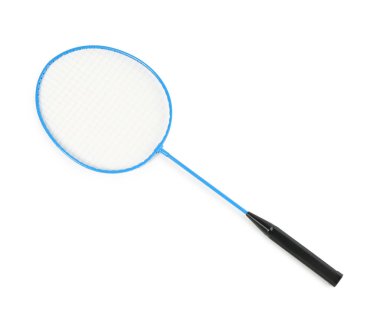 Raket beyaz, üst görünümde izole. Badminton ekipmanı