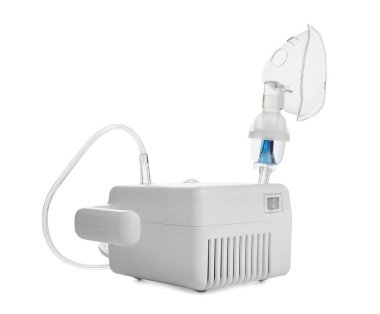 Beyaz arka planda yüz maskesi olan modern nebulizör. Solunum cihazları