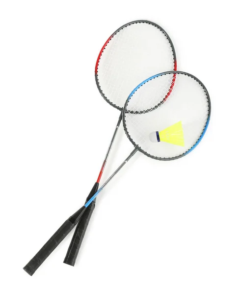 Racketar Och Skyttel Vit Bakgrund Ovanifrån Badmintonutrustning — Stockfoto