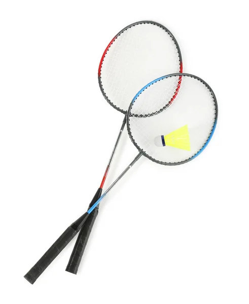 Rackets Shuttlecock White Background Top View Badminton Equipment — Stock Photo, Image