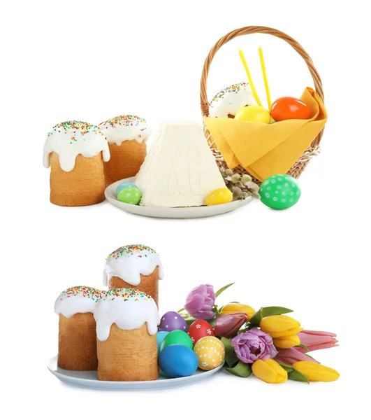 Zestaw Tradycyjnymi Ciastkami Wielkanocnymi Serem Wiejskim Paskha Białym Tle — Zdjęcie stockowe