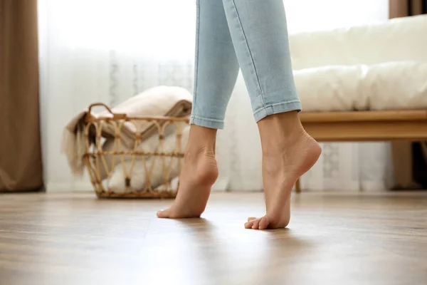 Woman Walking Barefoot Home Closeup Floor Heating Concept — Stock Photo, Image